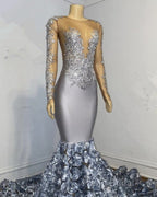 Silver Rosette Long Sleeve Mermaid Formal Prom Dresses