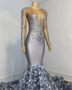 Silver Rosette Long Sleeve Mermaid Formal Prom Dresses