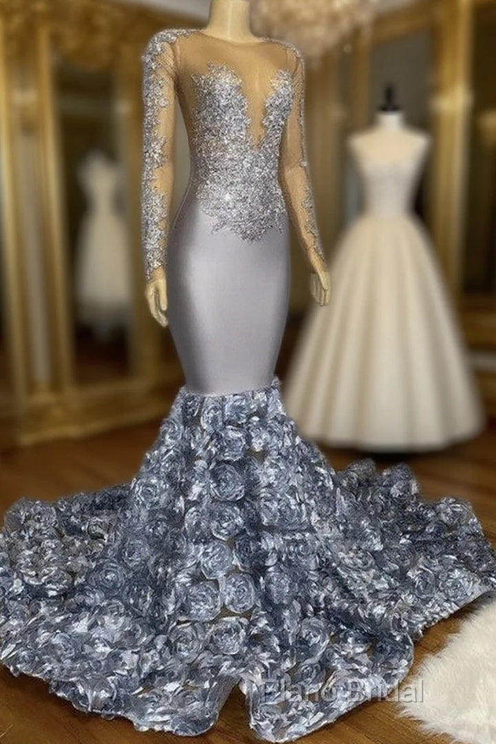 Silver Rosette Long Sleeve Mermaid Formal Prom Dresses Main image