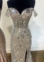 Silver Sequin Lace Off the Shoulder Mermaid Prom Dress