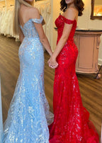 Silver Sequin Lace Off the Shoulder Mermaid Prom Dress