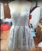 Silver Sequin Lace V Neck Tulle Homecoming Dresses Short Formal Prom Gowns