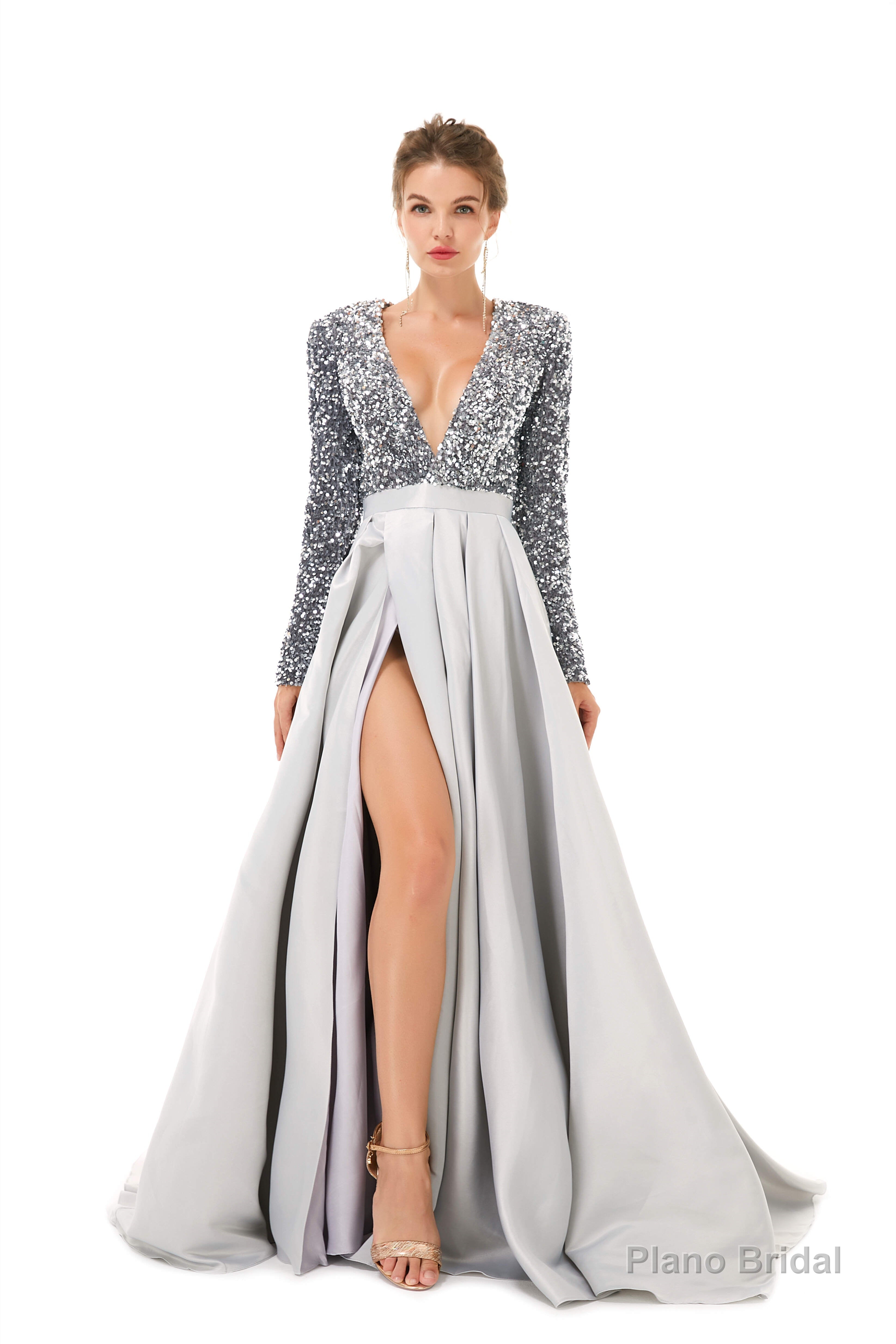 Sequined Satin A Line Front Slit V Neck Full Sleeve Sweep Train Long Prom Dresses