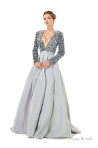 Sequined Satin A Line Front Slit V Neck Full Sleeve Sweep Train Long Prom Dresses