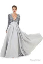 Sequined Satin A Line Front Slit V Neck Full Sleeve Sweep Train Long Prom Dresses