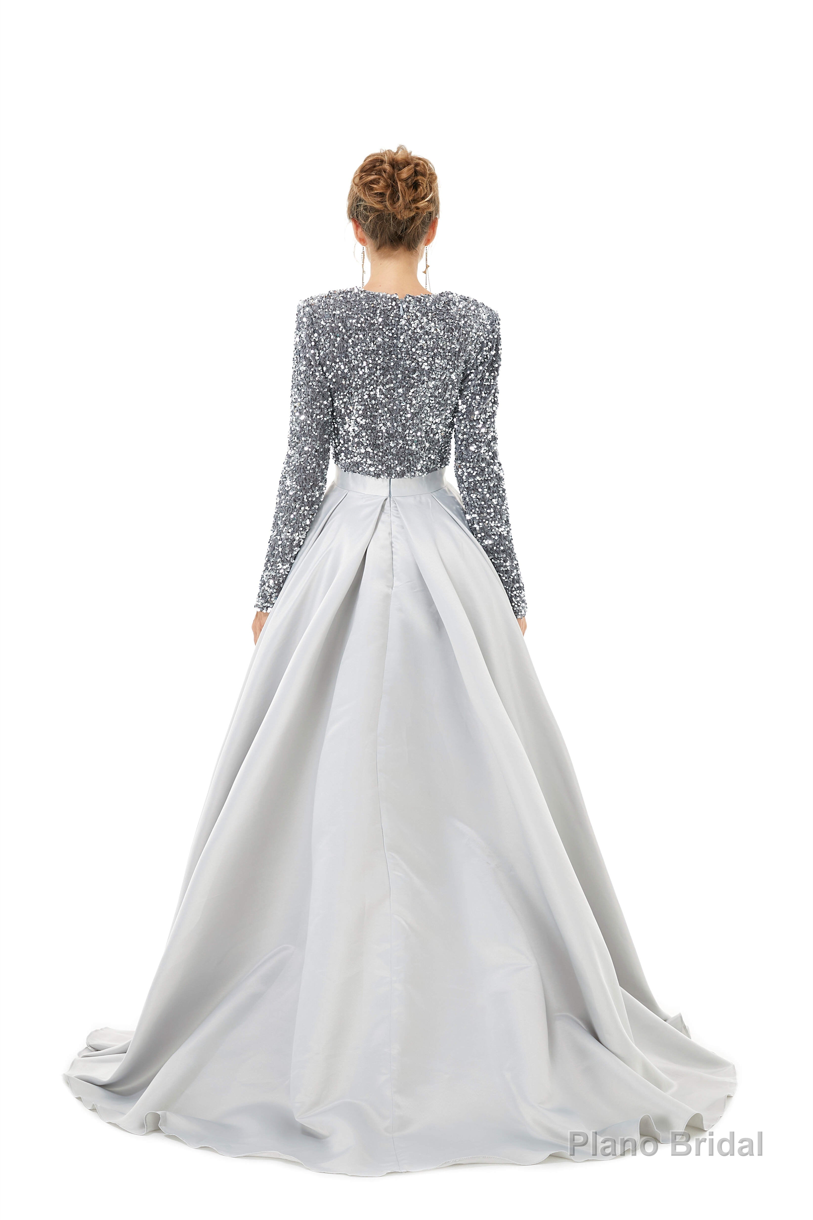 Sequined Satin A Line Front Slit V Neck Full Sleeve Sweep Train Long Prom Dresses