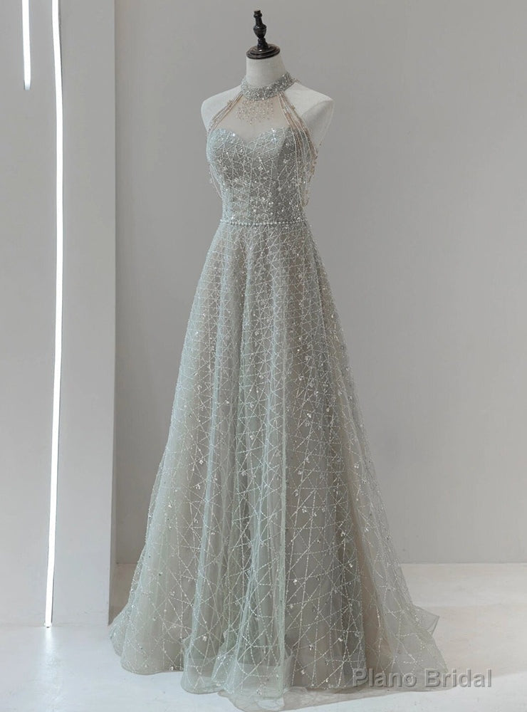 Silver Sequins Halter Beading Prom Dress Main image