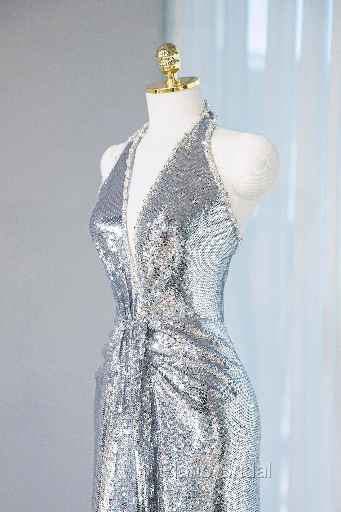 Silver Sequins Long Formal Prom Dresses, Shiny V-Neck Evening Party Dresses