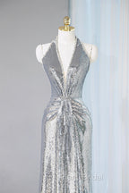 Silver Sequins Long Formal Prom Dresses, Shiny V-Neck Evening Party Dresses