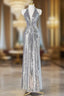 Silver Sequins Long Formal Prom Dresses, Shiny V-Neck Evening Party Dresses