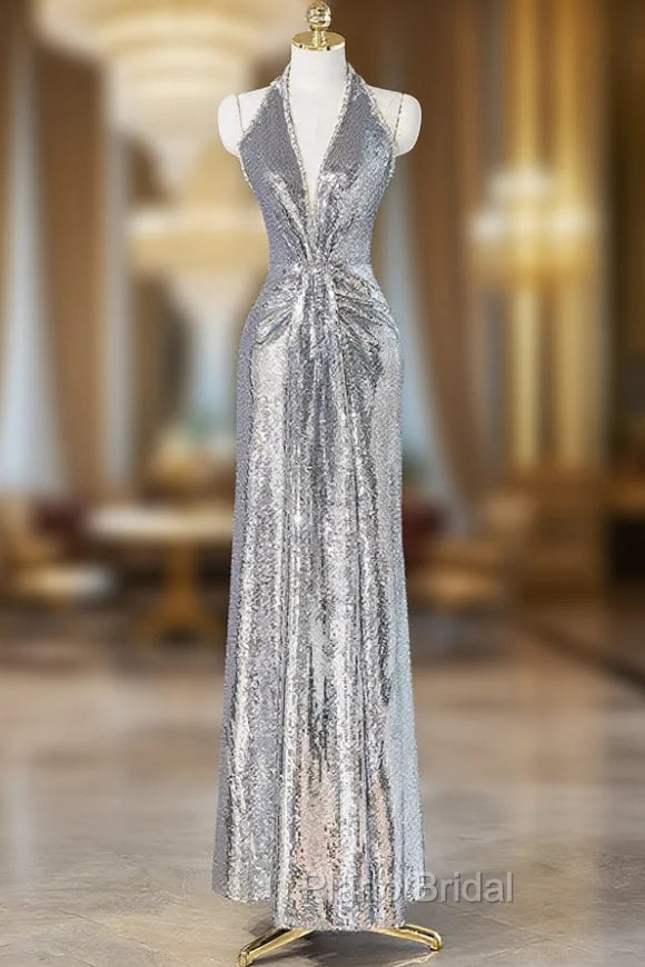 Silver Sequins Long Formal Prom Dresses, Shiny V-Neck Evening Party Dresses Main image