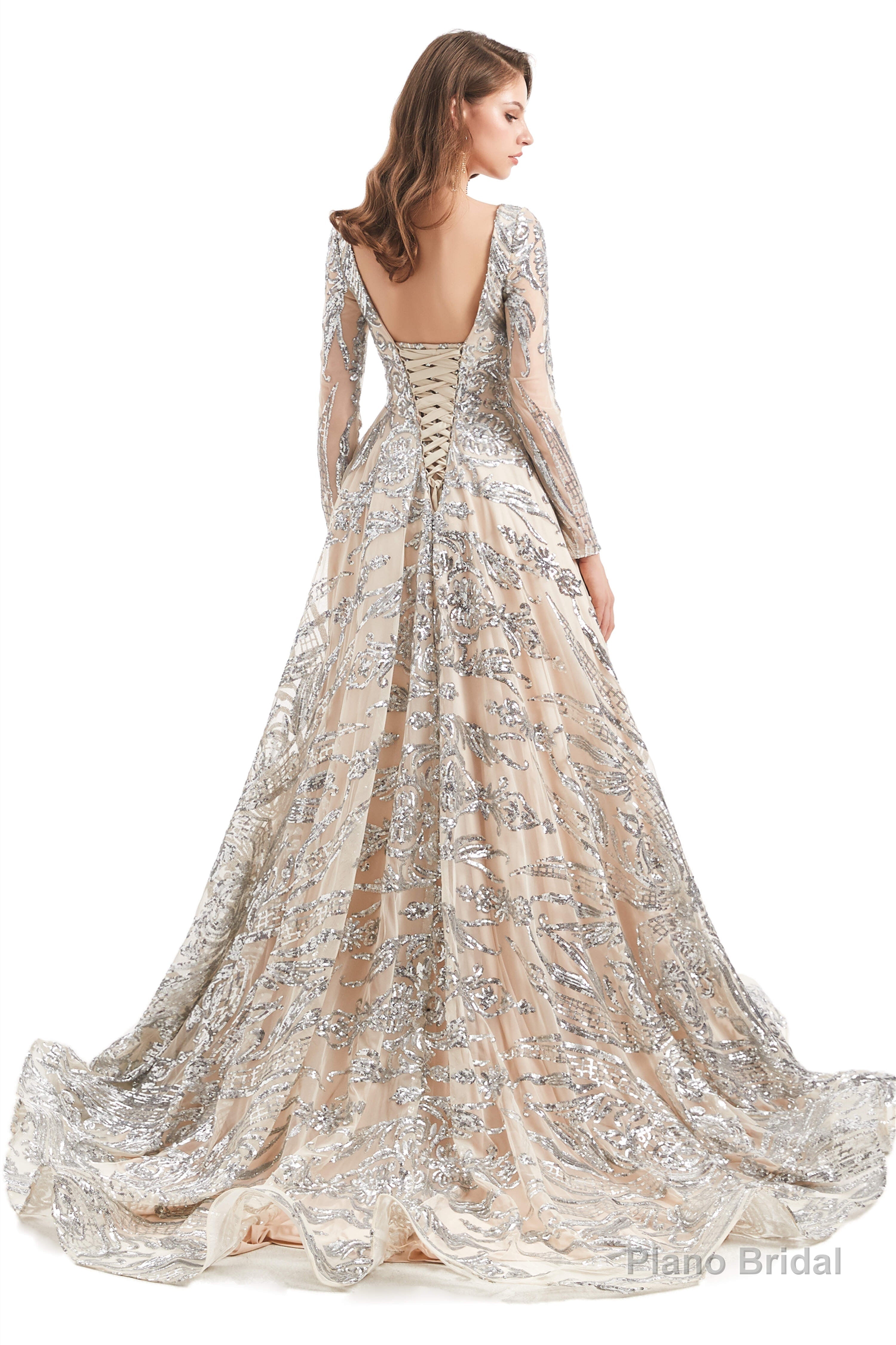 Sequins Long Sleeve Backless Prom Dresses