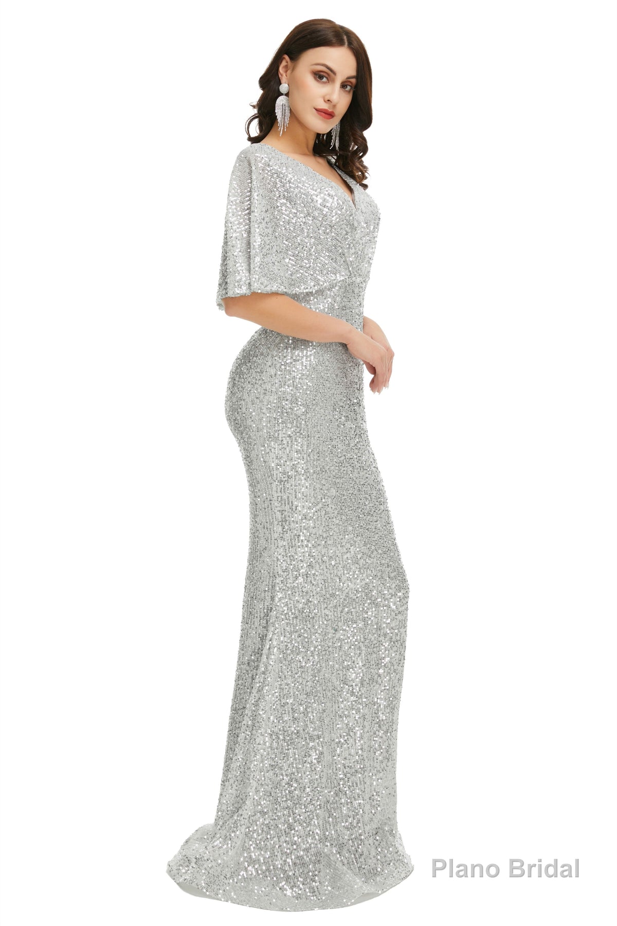 Sequins Mermaid Cape Sleeves V Neck Prom Dresses Main image