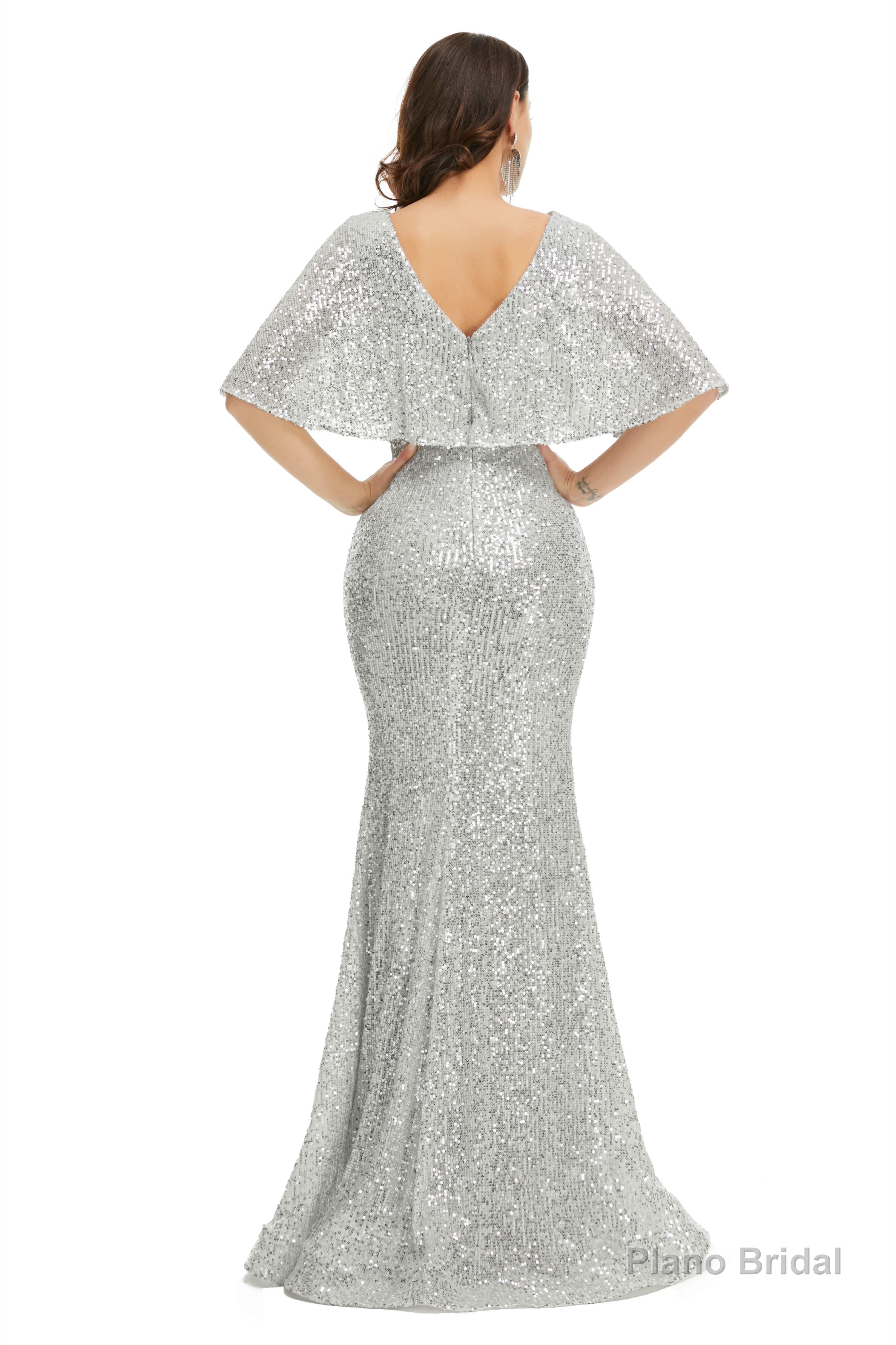 Sequins Mermaid Cape Sleeves V Neck Prom Dresses