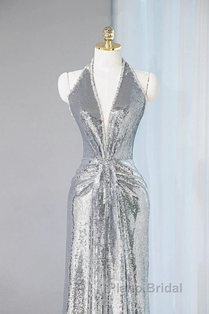 Silver Sequins Sheath V-Neck Long Formal Prom Dresses Shiny Evening Dresses Secondary image