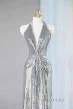 Silver Sequins Sheath V-Neck Long Formal Prom Dresses Shiny Evening Dresses