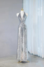 Silver Sequins Sheath V-Neck Long Formal Prom Dresses Shiny Evening Dresses