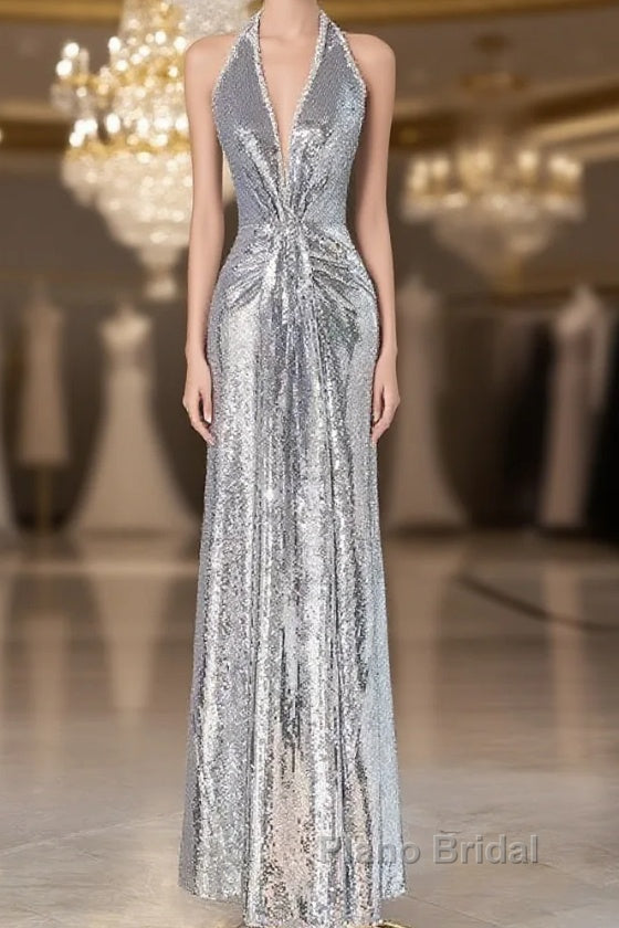 Silver Sequins Sheath V-Neck Long Formal Prom Dresses Shiny Evening Dresses Main image