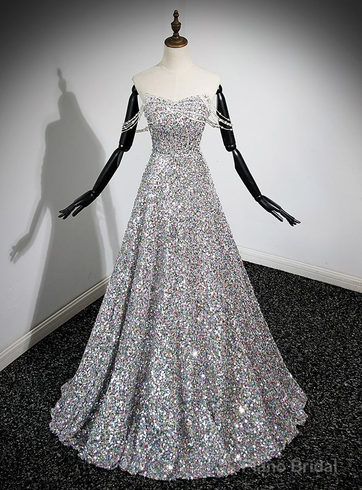 Silver Sequins Strapless Beading Prom Dress Main image