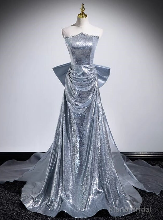 Silver Sequins Strapless Crystal Pleats Prom Dress Main image