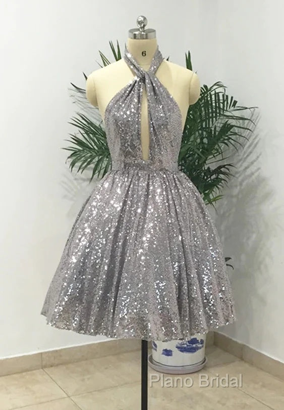 Silver Sexy Halter Sequined Backless Short Homecoming Dresses, Sparkly Party Dresses