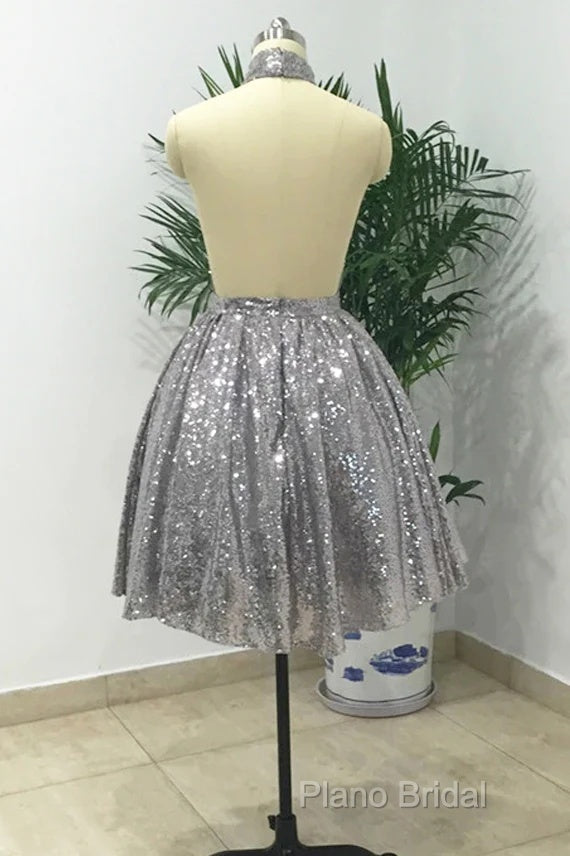 Silver Sexy Halter Sequined Backless Short Homecoming Dresses, Sparkly Party Dresses