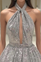 Silver Sexy Halter Sequined Backless Short Homecoming Dresses, Sparkly Party Dresses