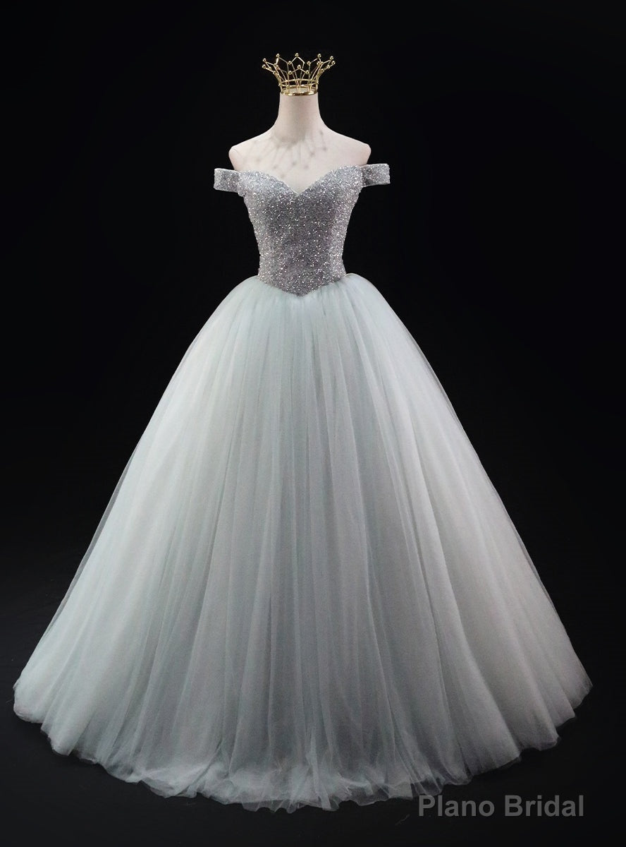 Silver Tulle Off the Shoulder Beading Prom Dress Main image