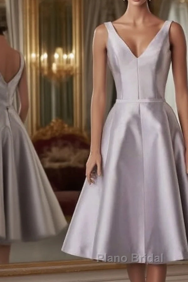 Silver V-Neck Satin Midi Dresses Main image