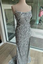 Sparkle Tiffany Blue Sequins Long Formal Prom Dresses with Slit