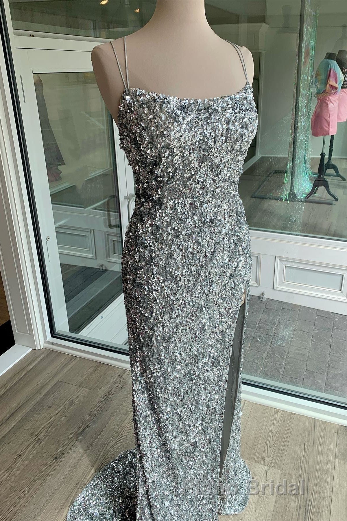 Sparkle Tiffany Blue Sequins Long Formal Prom Dresses with Slit