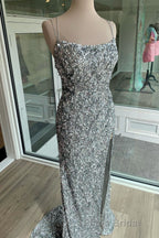 Sparkle Tiffany Blue Sequins Long Formal Prom Dresses with Slit