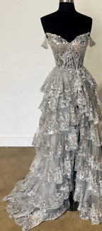 Light Blue Corset Lace Tiered Tulle Long Prom Dresses