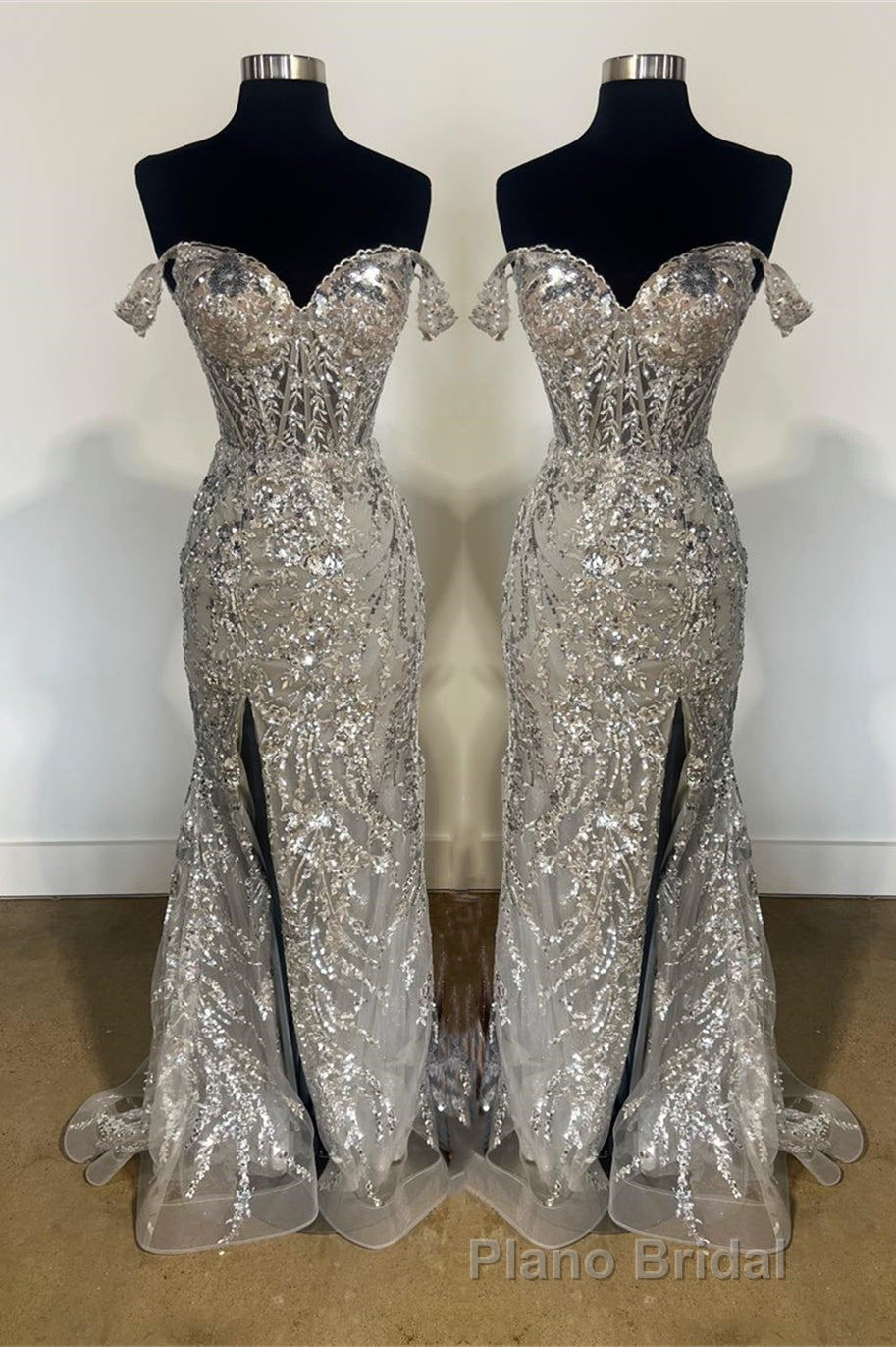 Fuchsia Off-Shoulder Sequined Floral Mermaid Long Formal Prom Dresses with Slit Secondary image