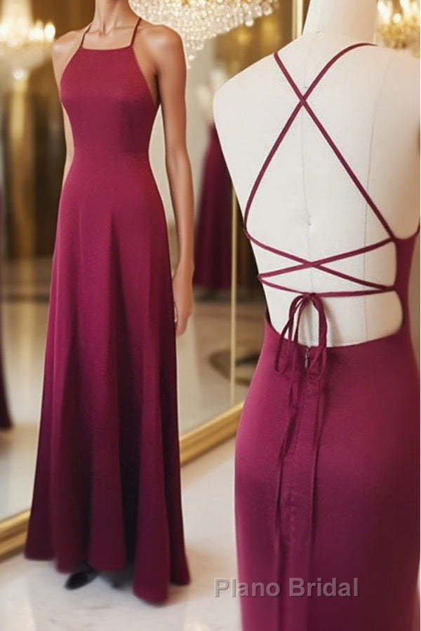 Simple A Line Backless Burgundy Satin Long Formal Prom Dresses, Burgundy Formal Dresses, Burgundy Evening Dresses Main image