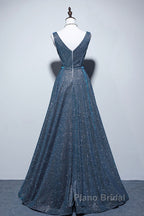 Simple  A-Line Blue Long Formal Prom Dresses, Blue Formal Dresses