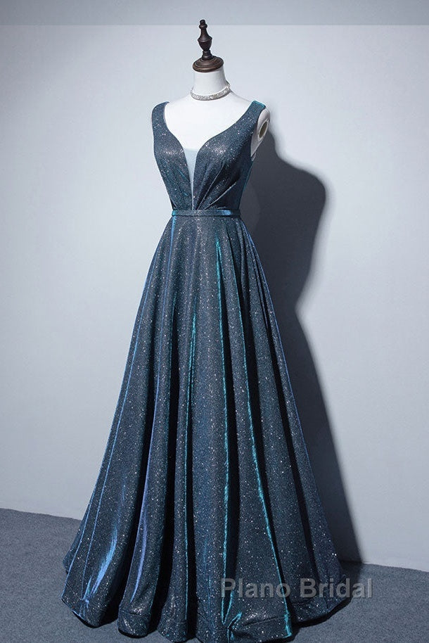Simple  A-Line Blue Long Formal Prom Dresses, Blue Formal Dresses