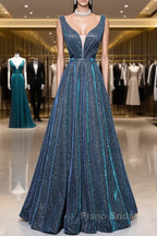 Simple  A-Line Blue Long Formal Prom Dresses, Blue Formal Dresses