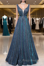 Simple  A-Line Blue Long Formal Prom Dresses, Blue Formal Dresses
