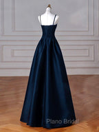 Simple A-Line Dark Blue Satin Long Formal Prom Dresses, Dark Blue Long Formal Dresses