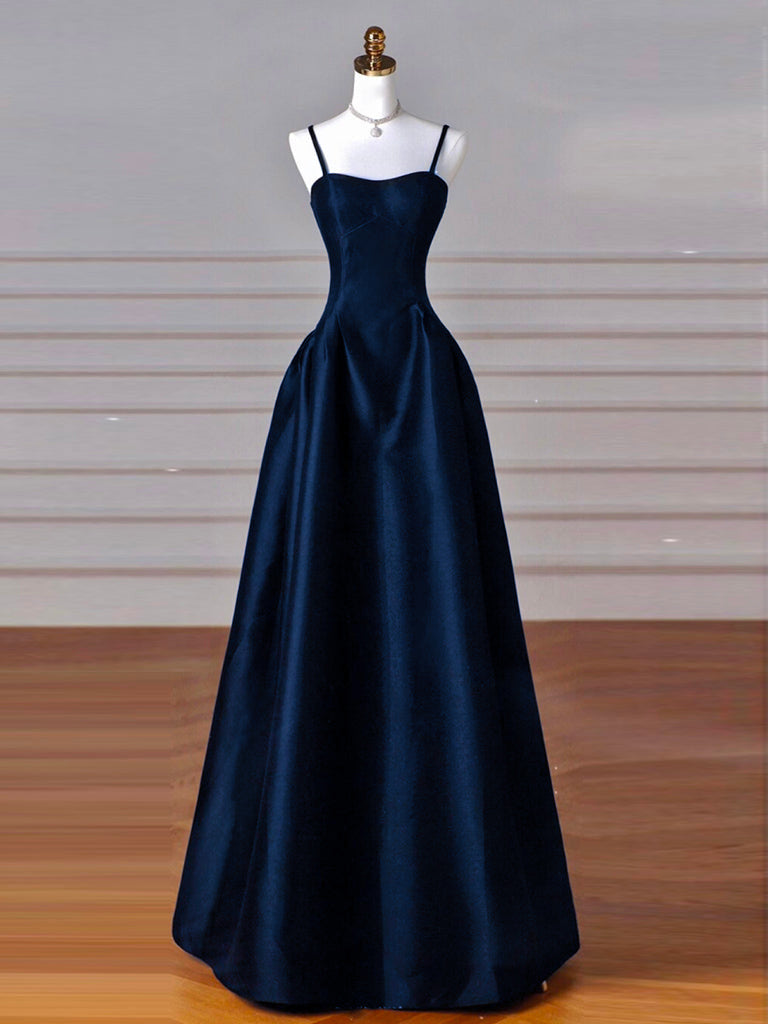 Simple A-Line Dark Blue Satin Long Formal Prom Dresses, Dark Blue Long Formal Dresses