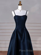 Simple A-Line Dark Blue Satin Long Formal Prom Dresses, Dark Blue Long Formal Dresses