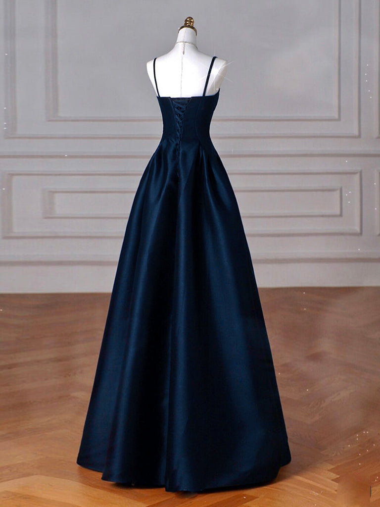 Simple A-Line Dark Blue Satin Long Formal Prom Dresses, Dark Blue Long Formal Dresses