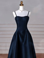 Simple A-Line Dark Blue Satin Long Formal Prom Dresses, Dark Blue Long Formal Dresses