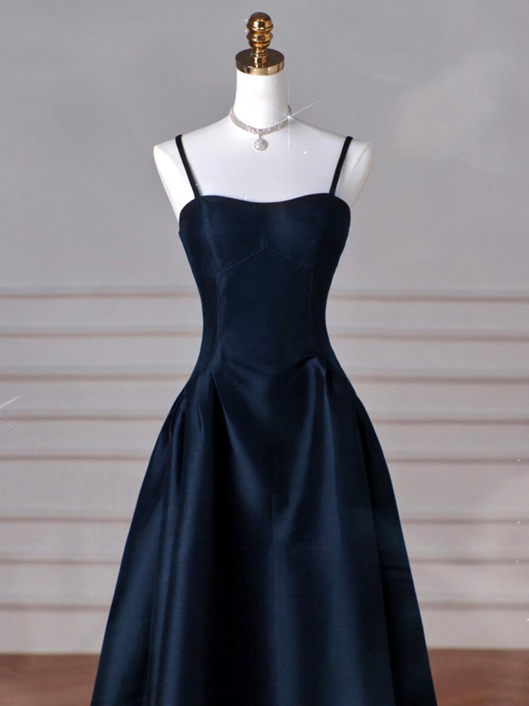 Simple A-Line Dark Blue Satin Long Formal Prom Dresses, Dark Blue Long Formal Dresses