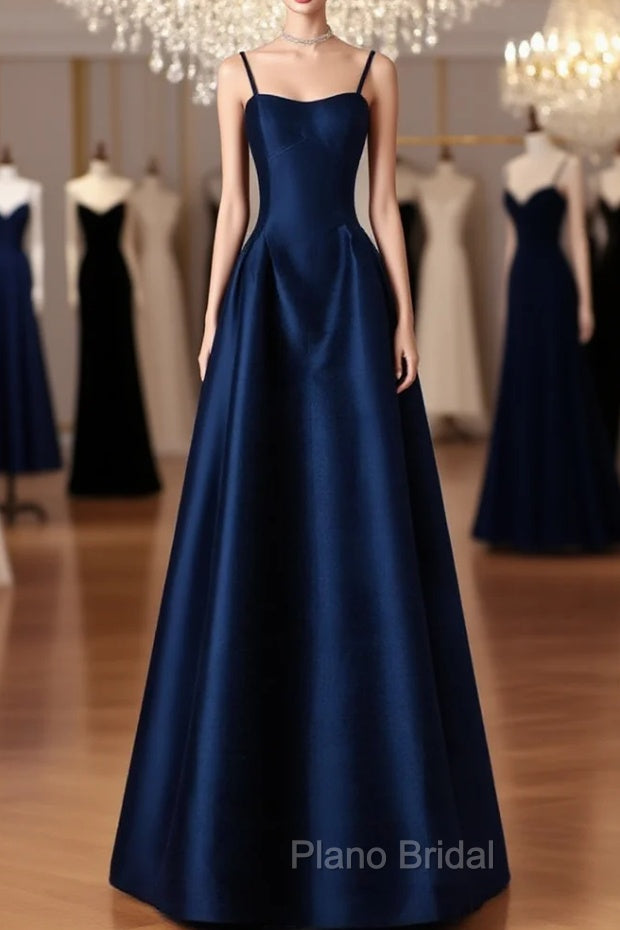 Simple A-Line Dark Blue Satin Long Formal Prom Dresses, Dark Blue Long Formal Dresses Main image