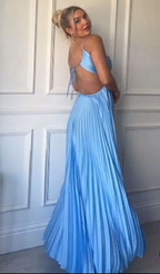 Simple A Line Halter Blue Sleeveless Long Formal Prom Dresses Formal Evening Dresses