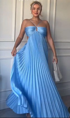 Simple A Line Halter Blue Sleeveless Long Formal Prom Dresses Formal Evening Dresses