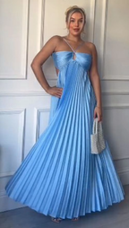 Simple A Line Halter Blue Sleeveless Long Formal Prom Dresses Formal Evening Dresses