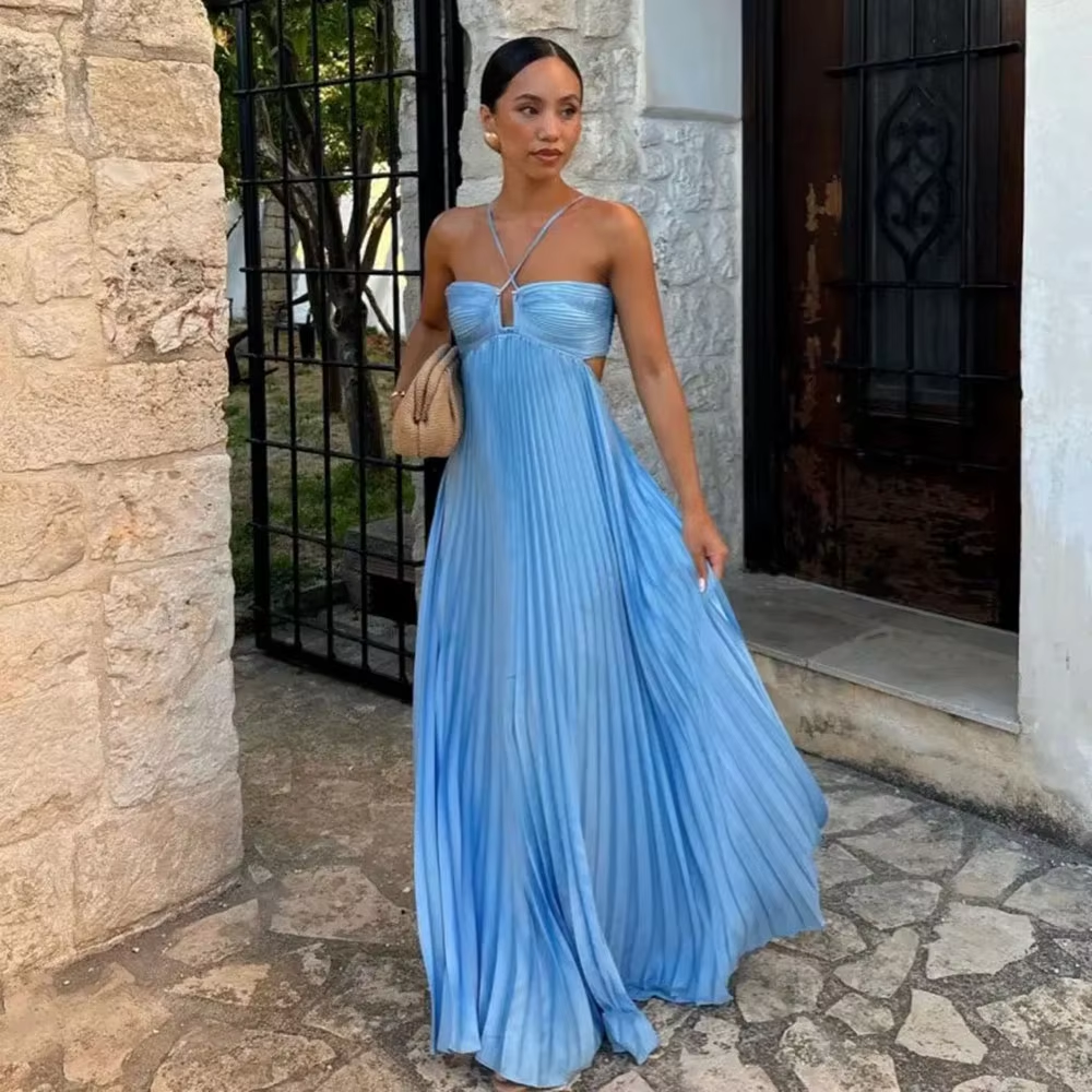 Simple A Line Halter Blue Sleeveless Long Formal Prom Dresses Formal Evening Dresses